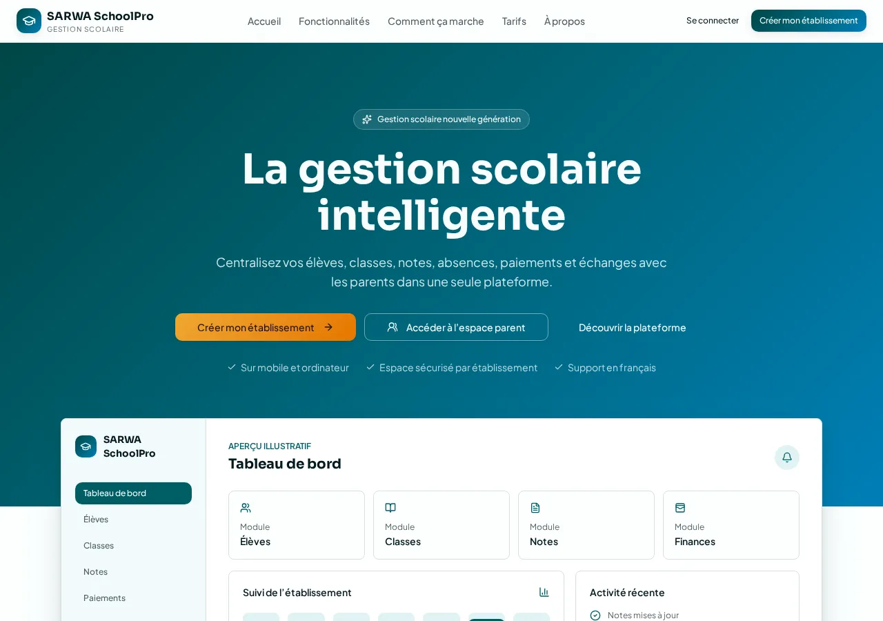 Capture du site SARWA SCHOOL PRO